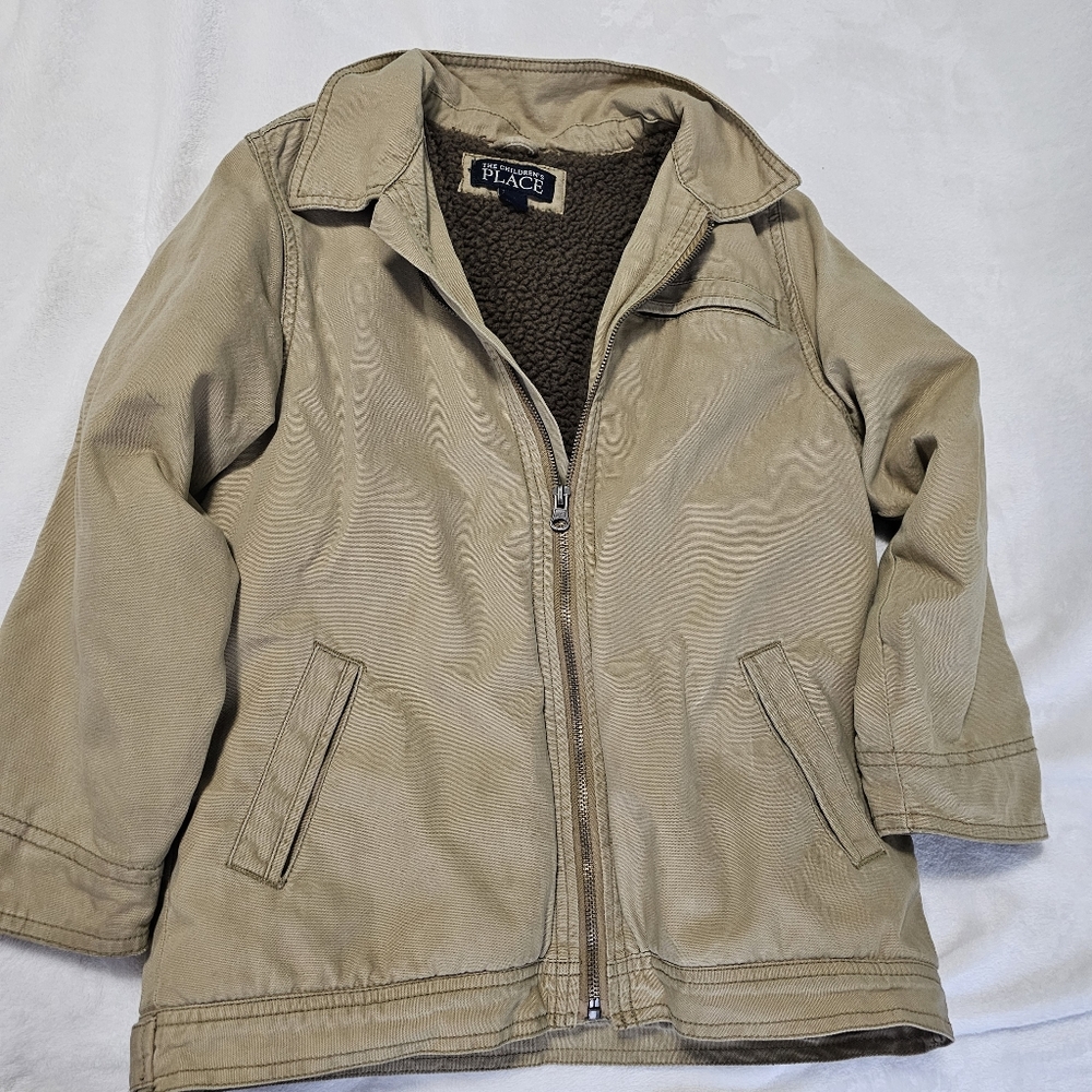 Rugged Khaki kids jacket with faux sherpa lining